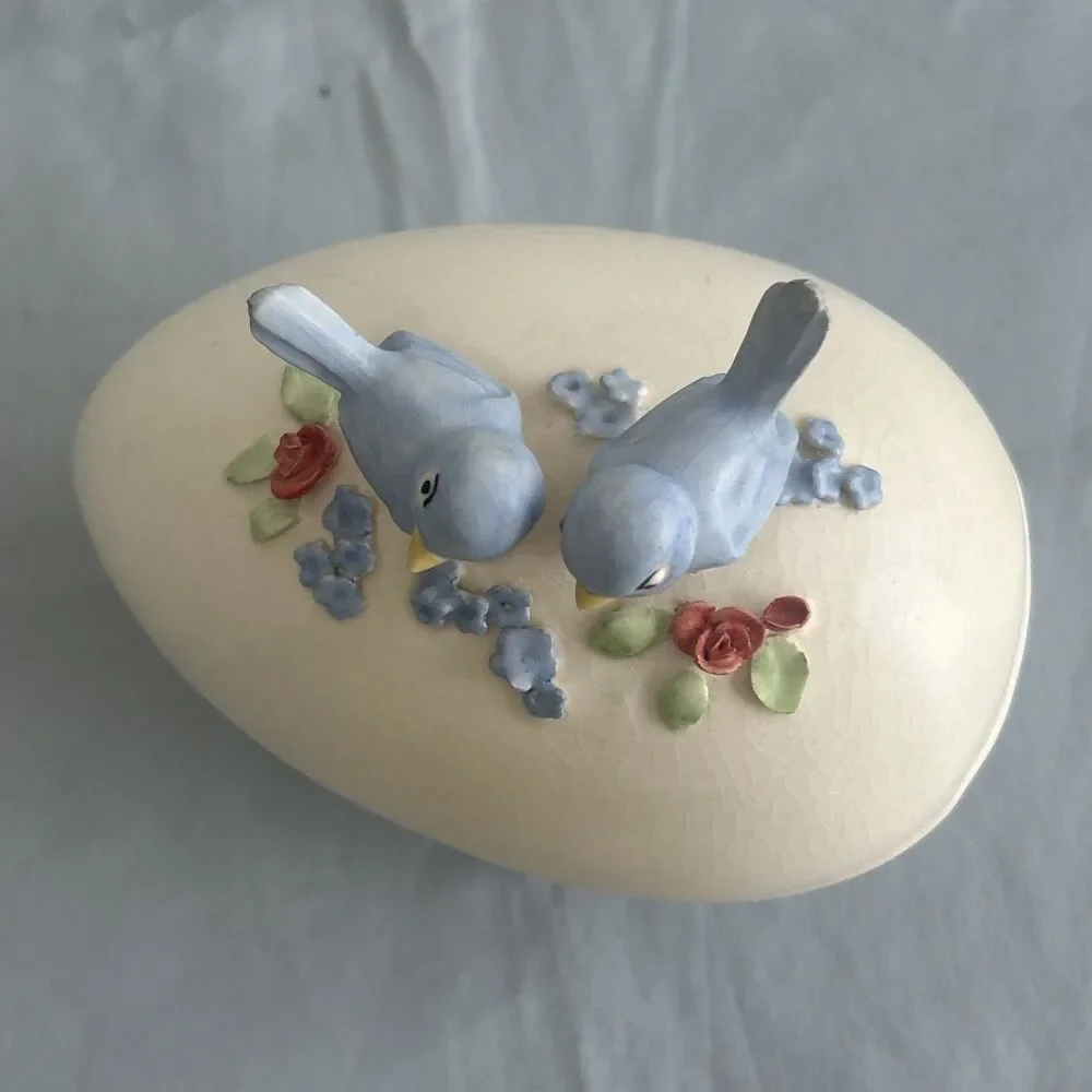 vintage ceramic egg-shaped trinket box 3D Floral Appliqués 2 Perched Blue Birds